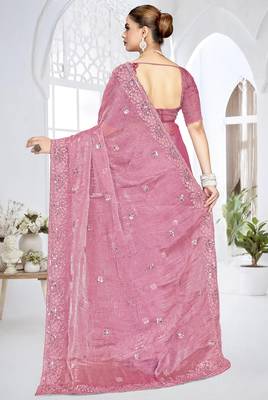 pink sequin coding embroidered crush silk blend saree with unstitch blouse piece 3
