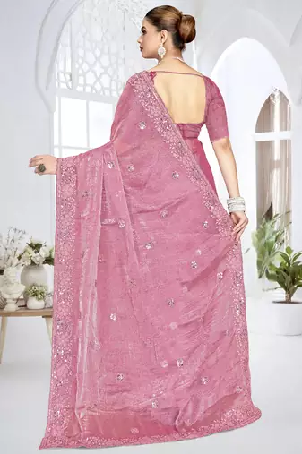 pink sequin coding embroidered crush silk blend saree with unstitch blouse piece