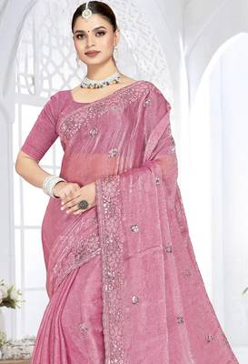 pink sequin coding embroidered crush silk blend saree with unstitch blouse piece 4