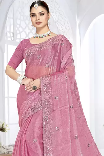 pink sequin coding embroidered crush silk blend saree with unstitch blouse piece