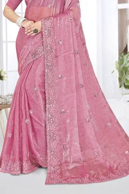 pink sequin coding embroidered crush silk blend saree with unstitch blouse piece 5