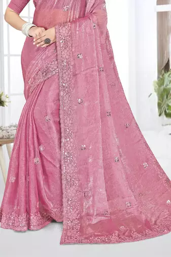 pink sequin coding embroidered crush silk blend saree with unstitch blouse piece