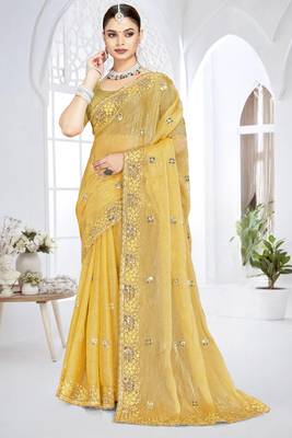 mustard sequin coding embroidered crush silk blend saree with unstitch blouse piece 1