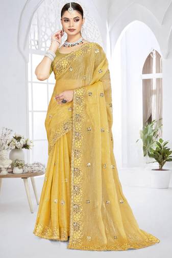 mustard sequin coding embroidered crush silk blend saree with unstitch blouse piece