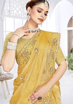 mustard sequin coding embroidered crush silk blend saree with unstitch blouse piece 2