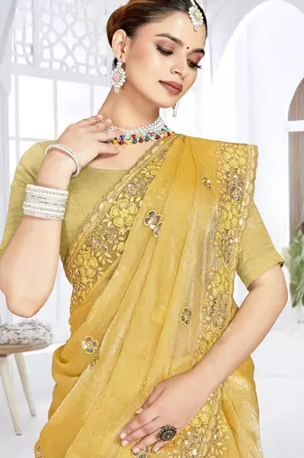 mustard sequin coding embroidered crush silk blend saree with unstitch blouse piece