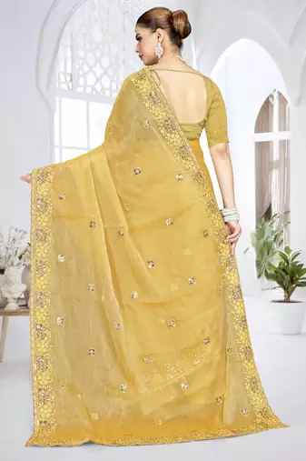 mustard sequin coding embroidered crush silk blend saree with unstitch blouse piece