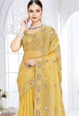 mustard sequin coding embroidered crush silk blend saree with unstitch blouse piece 4
