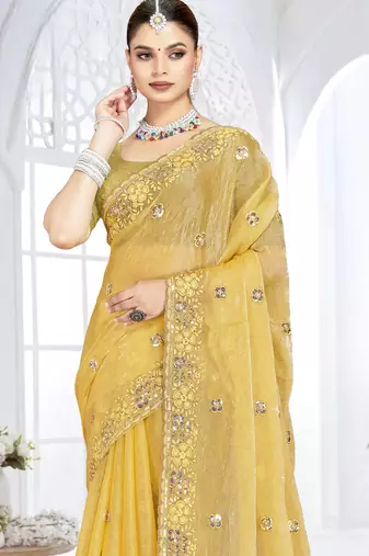 mustard sequin coding embroidered crush silk blend saree with unstitch blouse piece