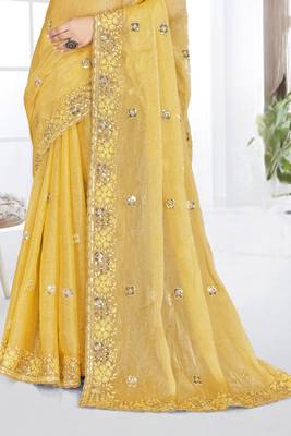 mustard sequin coding embroidered crush silk blend saree with unstitch blouse piece 5