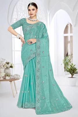 sky blue sequin coding embroidered crush silk blend saree with unstitch blouse piece 1