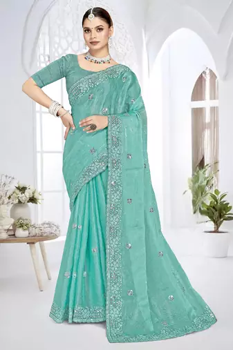 sky blue sequin coding embroidered crush silk blend saree with unstitch blouse piece