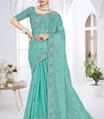 sky blue sequin coding embroidered crush silk blend saree with unstitch blouse piece