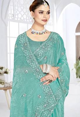 sky blue sequin coding embroidered crush silk blend saree with unstitch blouse piece 2