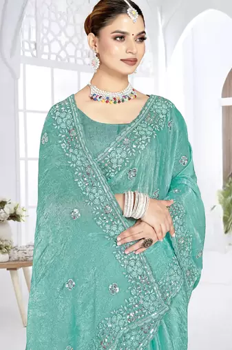 sky blue sequin coding embroidered crush silk blend saree with unstitch blouse piece