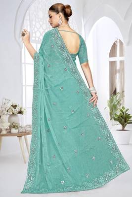 sky blue sequin coding embroidered crush silk blend saree with unstitch blouse piece 3