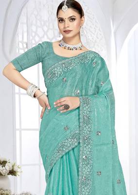 sky blue sequin coding embroidered crush silk blend saree with unstitch blouse piece 4