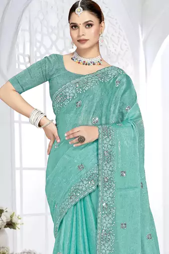 sky blue sequin coding embroidered crush silk blend saree with unstitch blouse piece