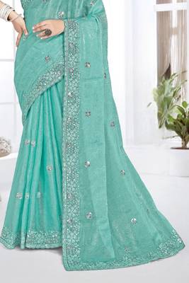 sky blue sequin coding embroidered crush silk blend saree with unstitch blouse piece 5