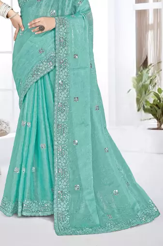 sky blue sequin coding embroidered crush silk blend saree with unstitch blouse piece