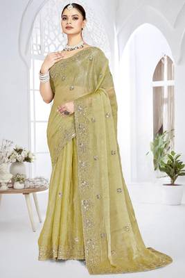 mehandi green sequin coding embroidered crush silk blend saree with unstitch blouse piece 1