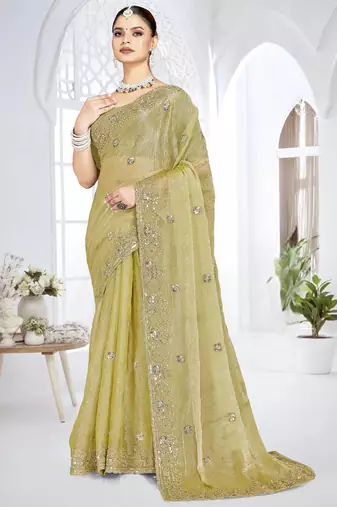mehandi green sequin coding embroidered crush silk blend saree with unstitch blouse piece