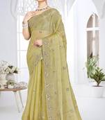 mehandi green sequin coding embroidered crush silk blend saree with unstitch blouse piece