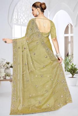 mehandi green sequin coding embroidered crush silk blend saree with unstitch blouse piece 3