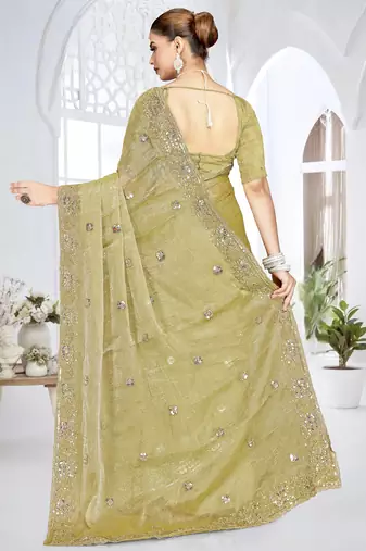 mehandi green sequin coding embroidered crush silk blend saree with unstitch blouse piece