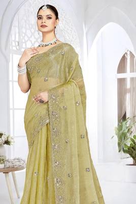 mehandi green sequin coding embroidered crush silk blend saree with unstitch blouse piece 4