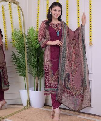 Floral embroidered red v-neck silk blend kurta with trouser with dupatta 1