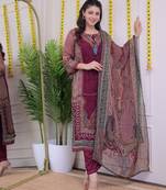 Floral embroidered red v-neck silk kurta with trouser with dupatta