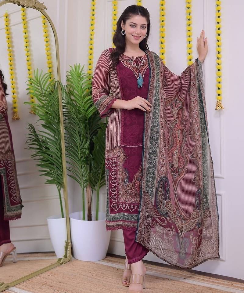 Floral embroidered red v-neck silk kurta with trouser with dupatta