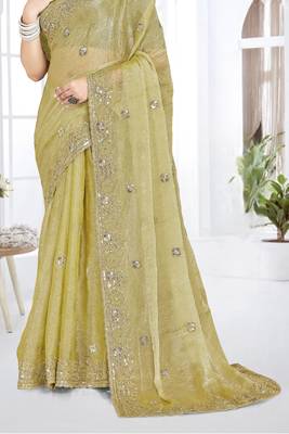 mehandi green sequin coding embroidered crush silk blend saree with unstitch blouse piece 5