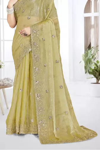 mehandi green sequin coding embroidered crush silk blend saree with unstitch blouse piece