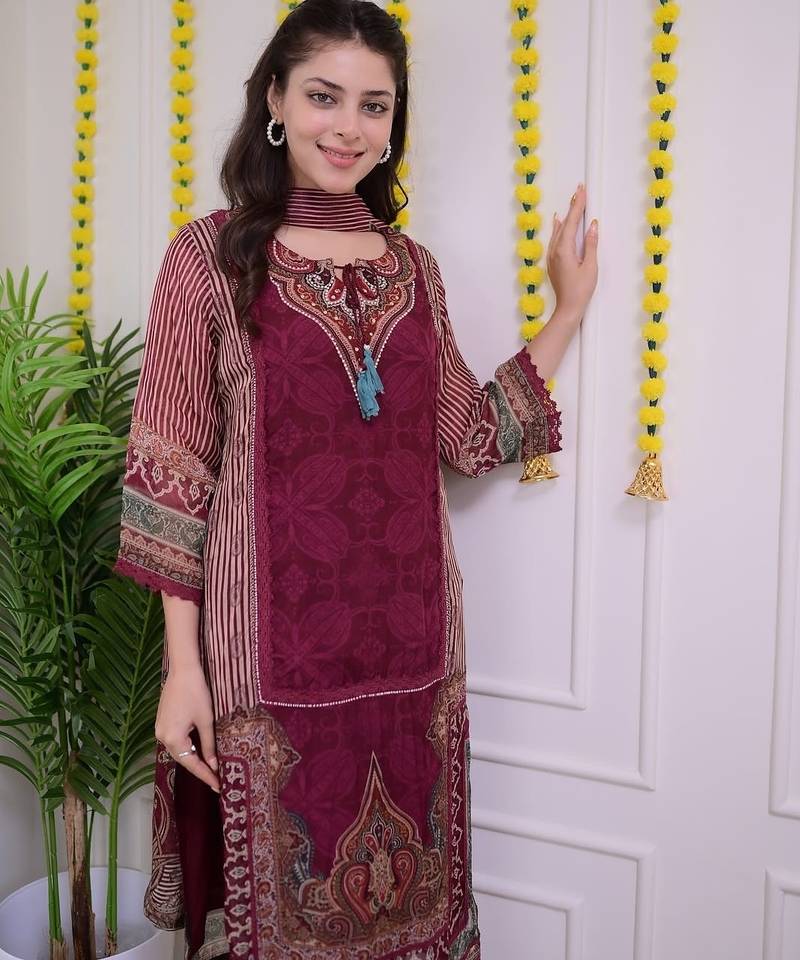 Floral embroidered red v-neck silk kurta with trouser with dupatta