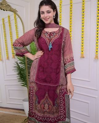 Floral embroidered red v-neck silk blend kurta with trouser with dupatta 3