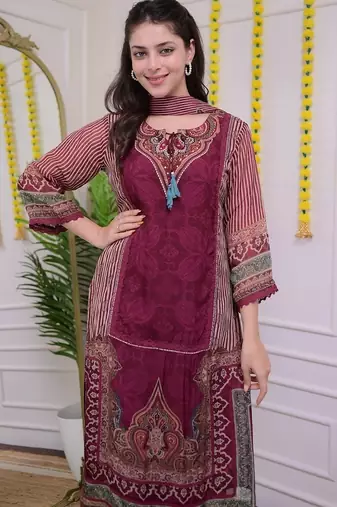 Floral embroidered red v-neck silk blend kurta with trouser with dupatta