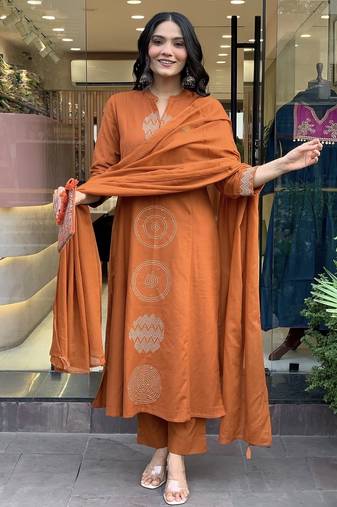 Floral printed orange round neck pure cotton kurta with trouser with dupatta