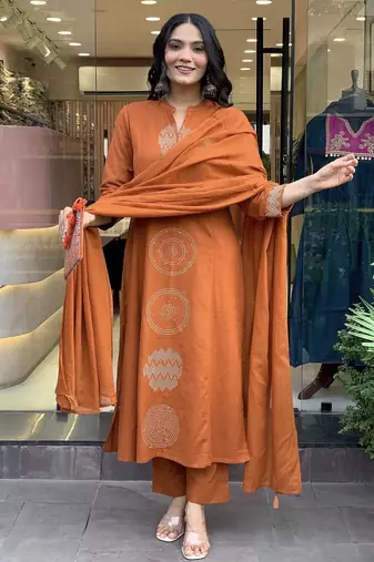 Floral printed orange round neck pure cotton kurta with trouser with dupatta