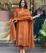Floral printed orange round neck pure cotton kurta with trouser with dupatta