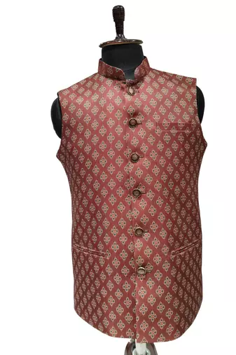 Maroon print dupon art silk nehru jaket