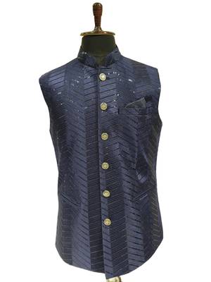 Navy blue sequin embroidery art silk nehru jaket 2