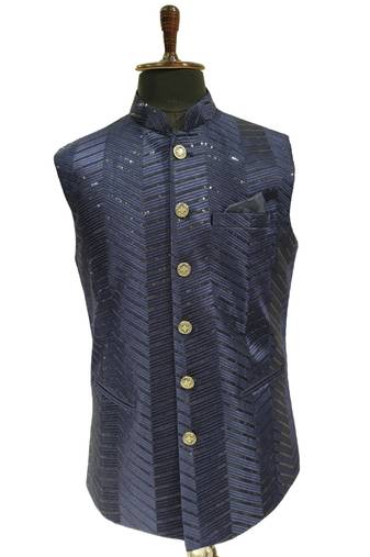Navy blue sequin embroidery art silk nehru jaket