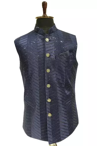 Navy blue sequin embroidery art silk nehru jaket