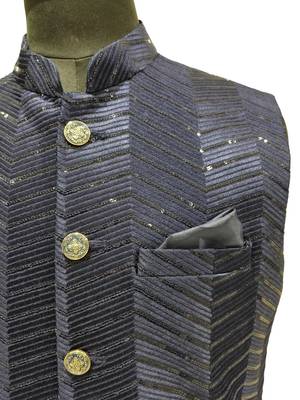 Navy blue sequin embroidery art silk nehru jaket 4