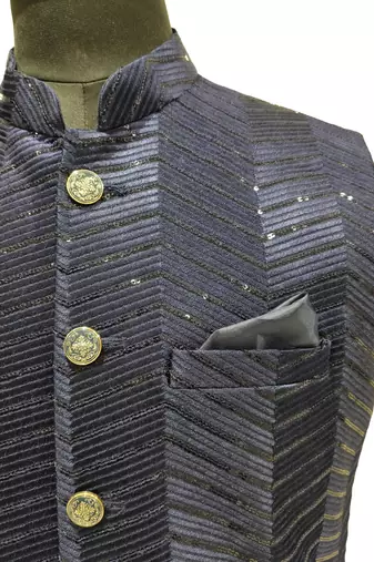 Navy blue sequin embroidery art silk nehru jaket