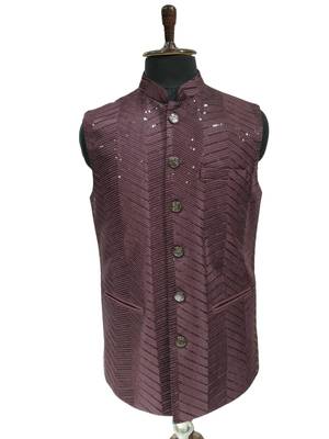 Wine sequin embroidery art silk nehru jaket 2