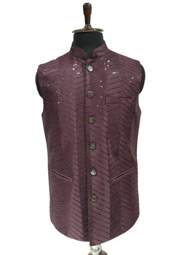 Wine sequin embroidery art silk nehru jaket