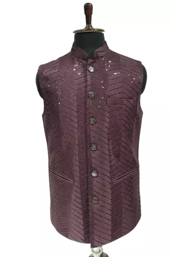 Wine sequin embroidery art silk nehru jaket